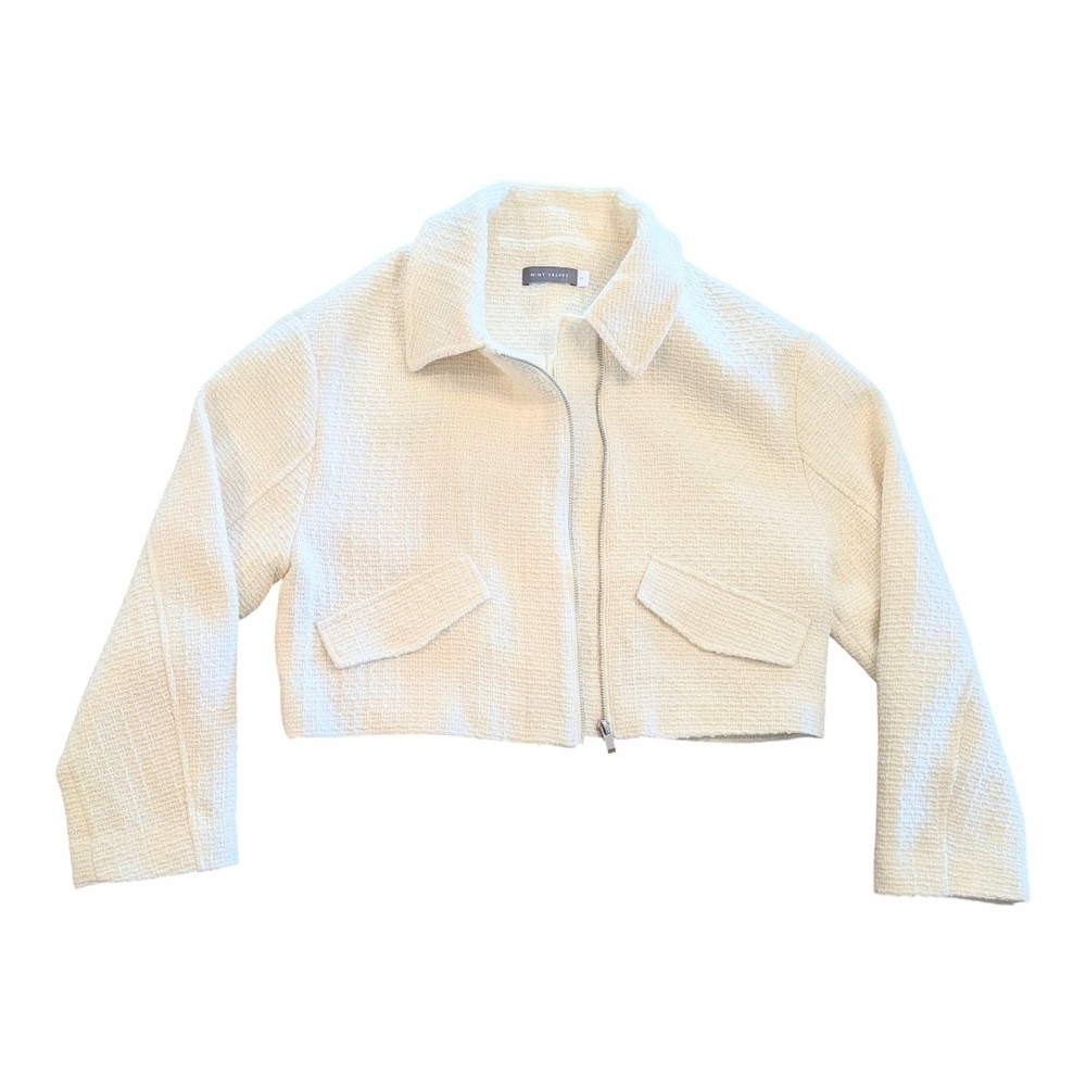 Mint Velvet Cropped Boucle Zip Up Jacket Cream M NWOT Quiet Luxury Workwear